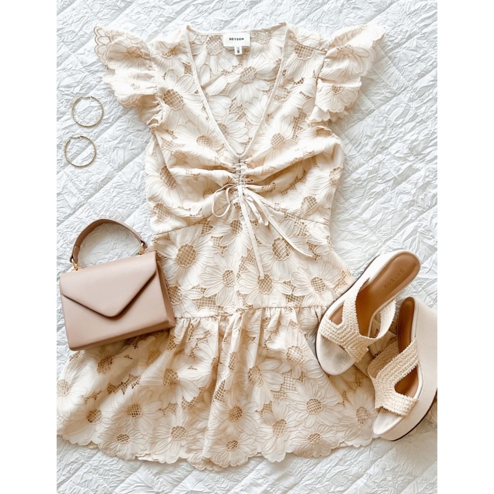 Reformation Cream Floral Lace Ruffle Mini Dress